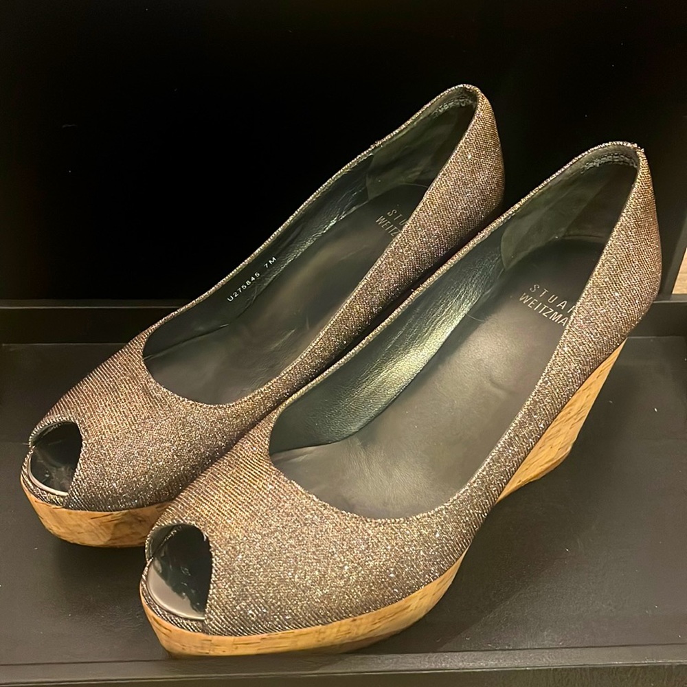 Stuart Weitzman, metallic silver peep-toe platform wedges